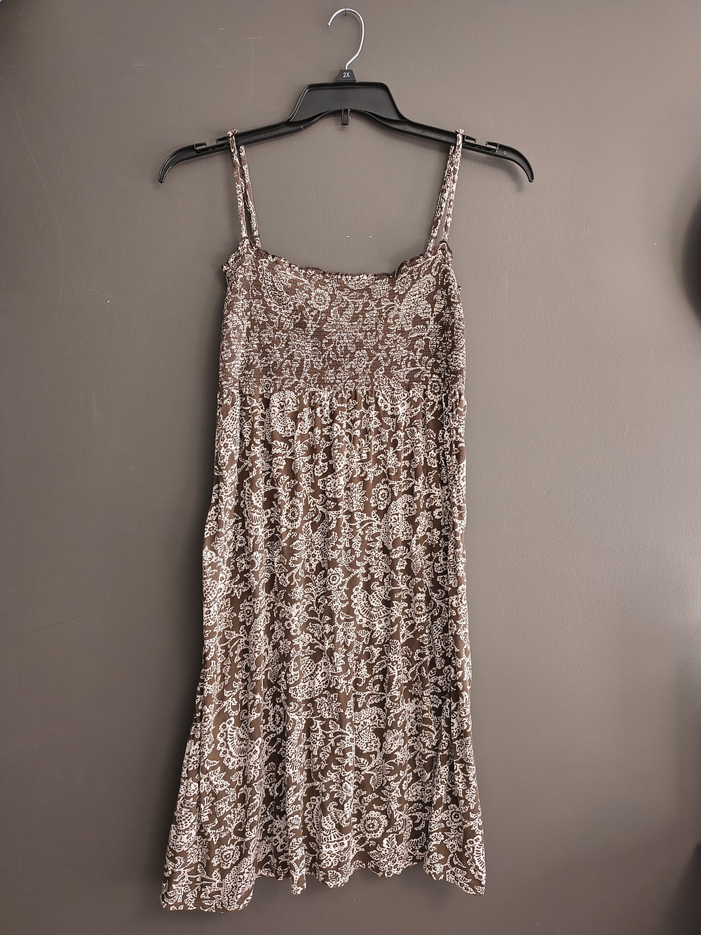 LOFT Brown and Cream Floral Midi Dress with Smocked Bodice